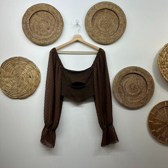 UO Urban Outfitters Brown Ribbed Cut Out Sheer Cropped Crop Top Medium Y2K Style - Picture 2 of 6